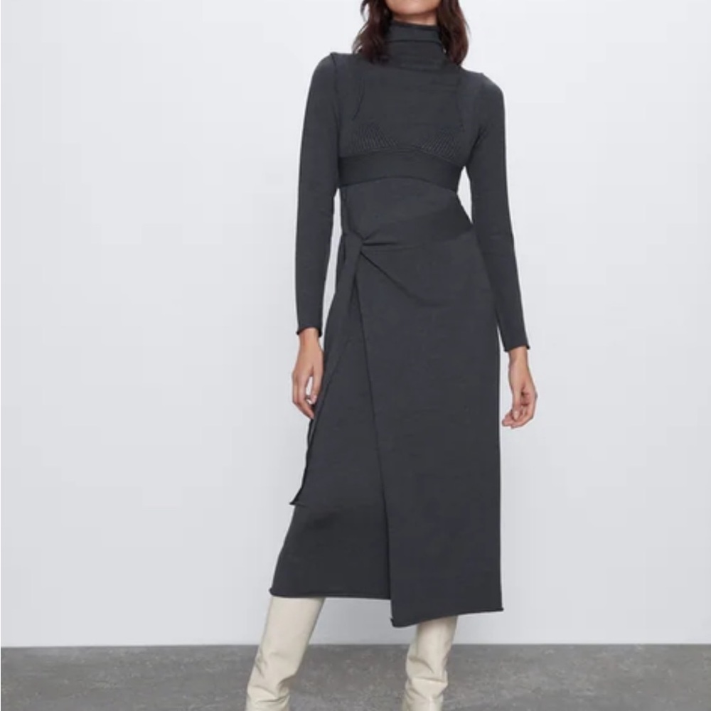 Zara Charcoal Knit Midi Wrap Dress BNWT